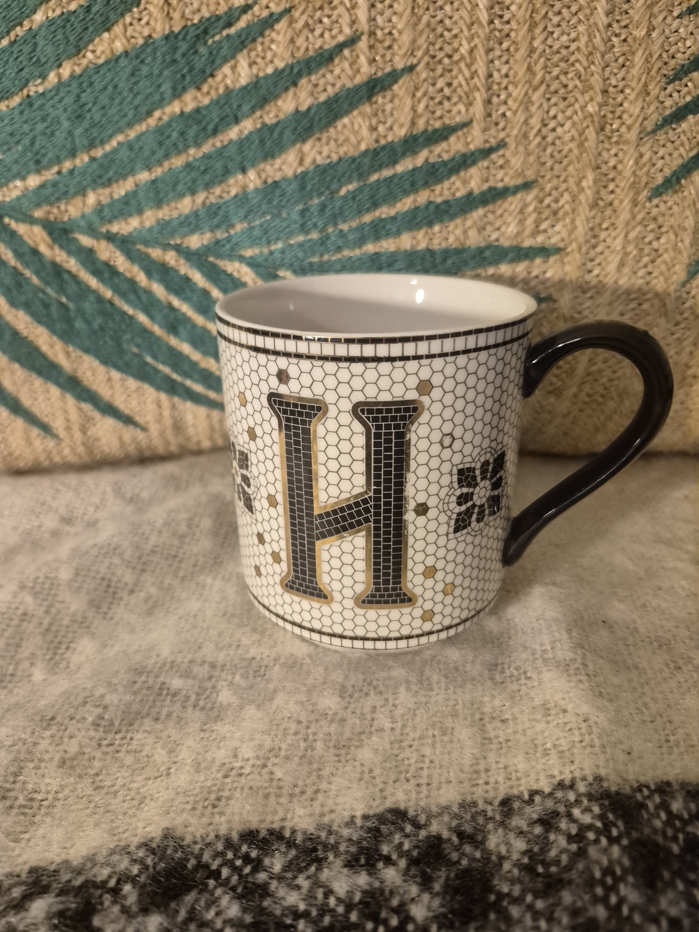 Anthropologie White Ceramic Mug with Black Handle and Gold Accents - Letter H